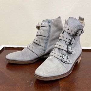 Paul Green Light Gray Suede Ankle Boots with Buckles